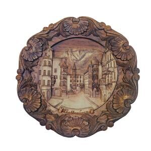 Vintage Rattenberg German 9” Hand Carved Wood Resin 3D Plaque Plate Wall Hanging
